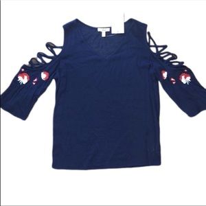 Como Blu Blouse Top Lattice Cold Shoulder Boho 1X blue red v-neck Embroidered